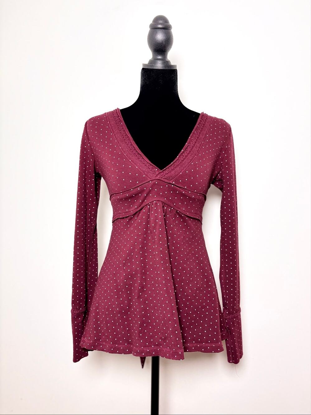 Femminina Burgundy White Polka Dot Long Sleeve Tieback Babydoll Top Size M